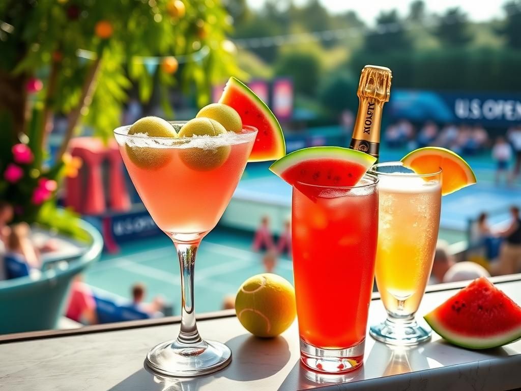 Flick International Vibrant scene showcasing the iconic Honey Deuce cocktail and colorful drinks at the U.S. Open.