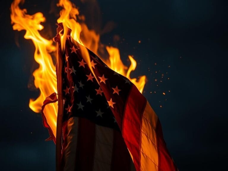 Flick International A tattered American flag partially engulfed in flames with a blurred background