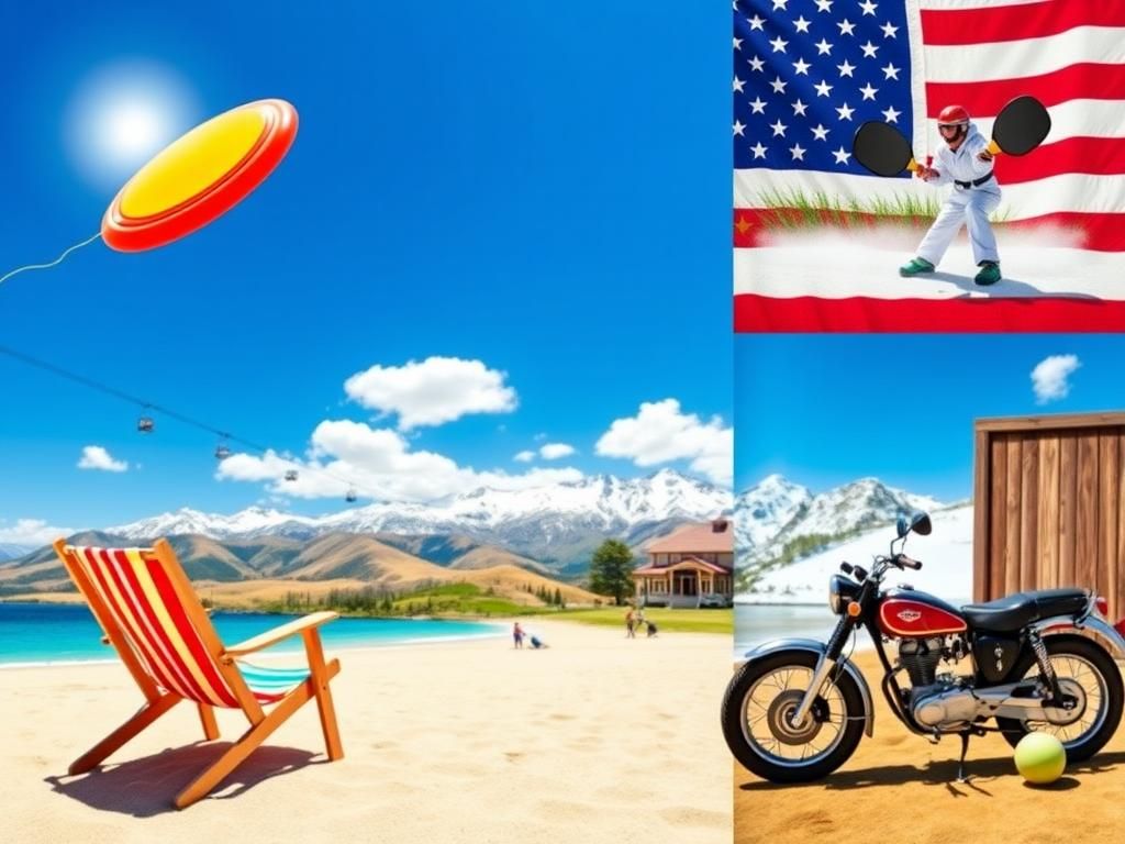 Flick International A colorful Frisbee soaring through a bright blue sky over a sun-soaked beach, with a classic beach chair nearby.