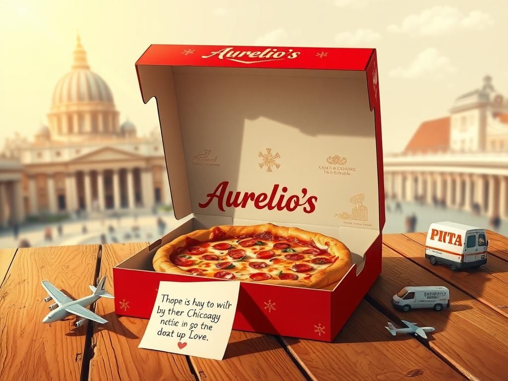 Flick International Chicago-style deep-dish pizza in a decorated box resting on a wooden table with St. Peter's Square in the background