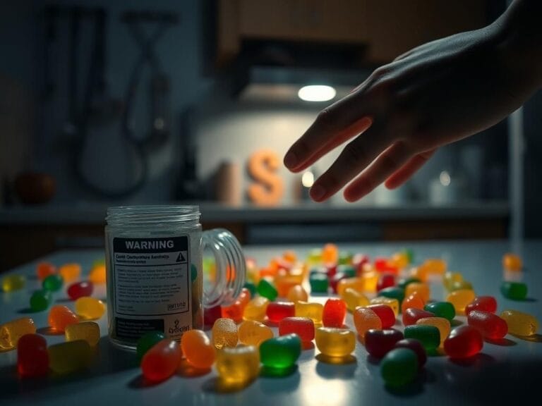 Flick International Dimly lit kitchen countertop with colorful cannabis gummy candies and a warning-labeled container
