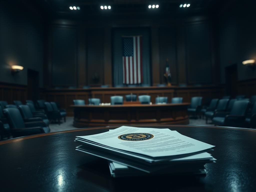 Flick International Dimly lit congressional hearing room with empty chairs and official documents for testimony