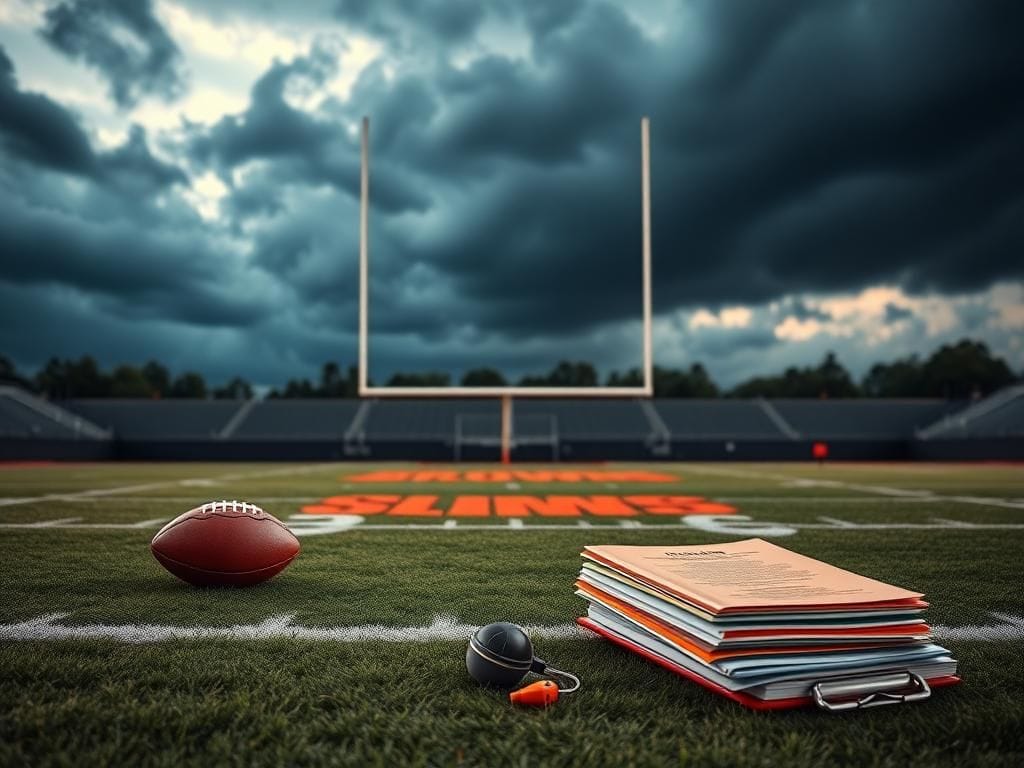 Flick International Dramatic empty football field at dusk with Cleveland Browns logo