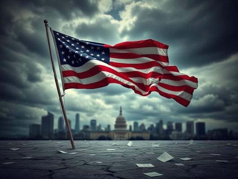 Flick International American flag billowing in the wind against a stormy sky