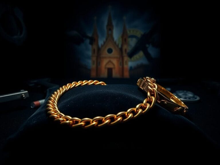 Flick International Polished gold chain and bracelet displayed on a dark velvet surface, with shadows of handcuffs and guns in the background