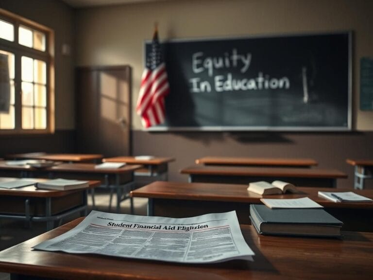 Flick International Empty classroom scene with scattered textbooks and a government document on student financial aid eligibility