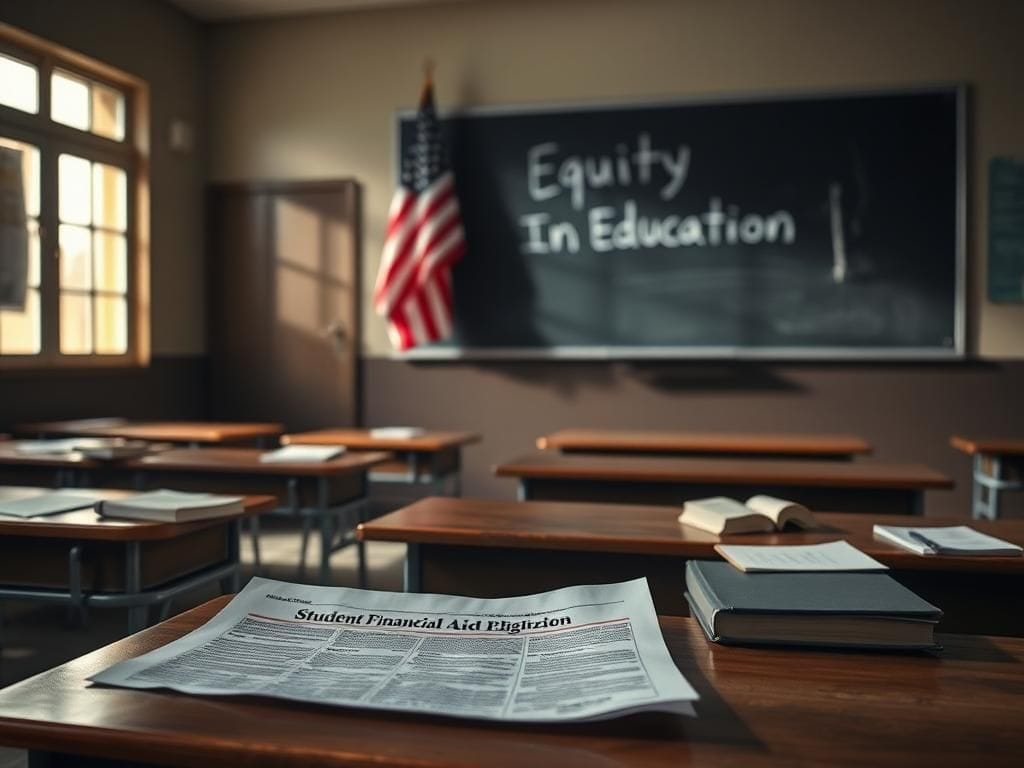 Flick International Empty classroom scene with scattered textbooks and a government document on student financial aid eligibility