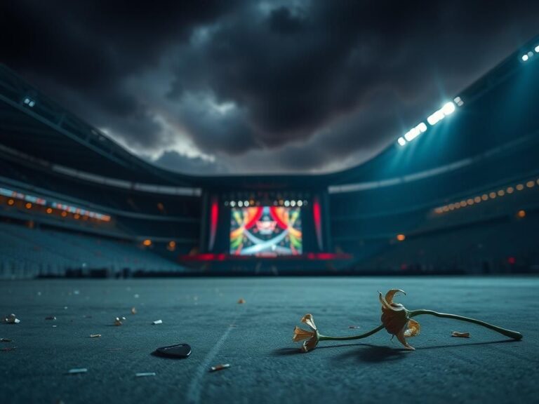 Flick International Dimly lit empty section of Wembley Stadium after an Oasis concert with discarded confetti and a guitar pick on the ground