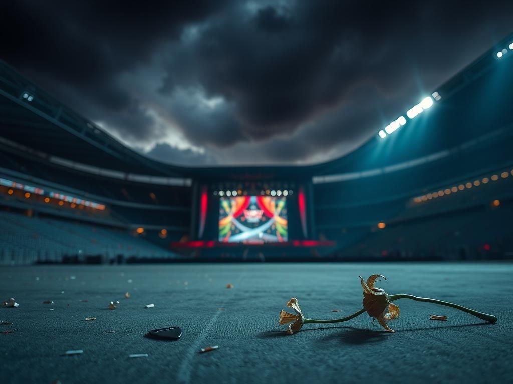 Flick International Dimly lit empty section of Wembley Stadium after an Oasis concert with discarded confetti and a guitar pick on the ground