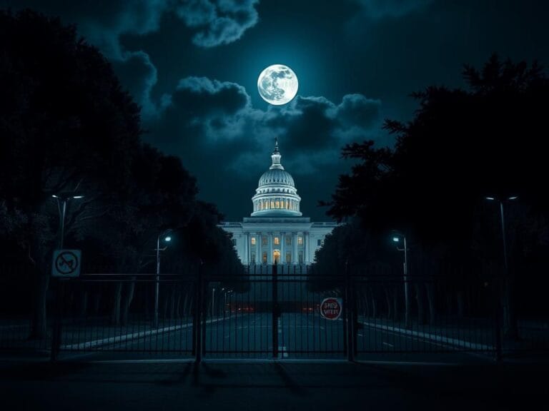 Flick International Dark cityscape at night highlighting a modern government building with security lights and surveillance cameras