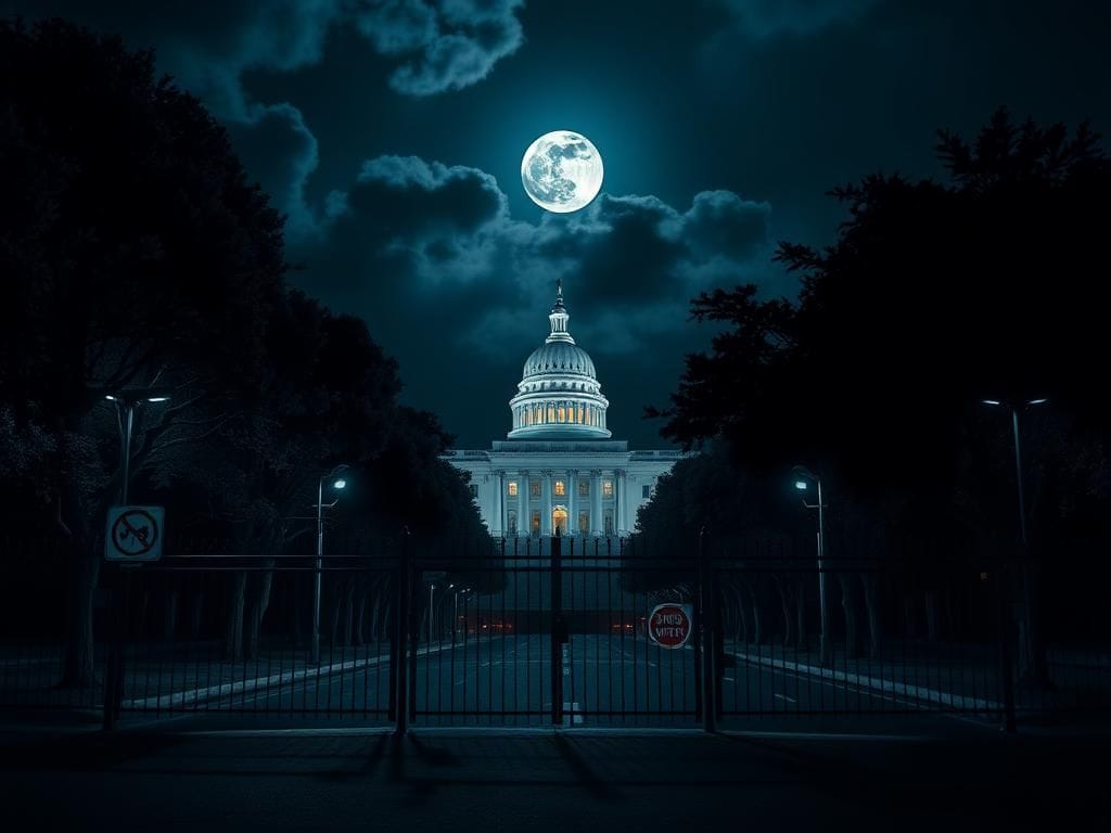 Flick International Dark cityscape at night highlighting a modern government building with security lights and surveillance cameras