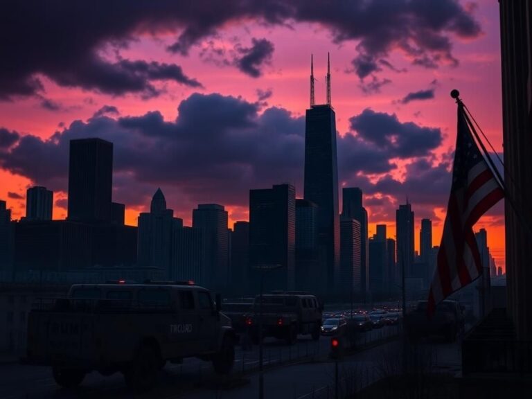 Flick International Dramatic Chicago skyline at dusk with Trump Tower and National Guard vehicles