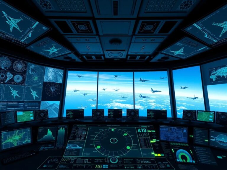 Flick International High-tech control room with fighter jet silhouettes showcasing AI-driven tactical systems.