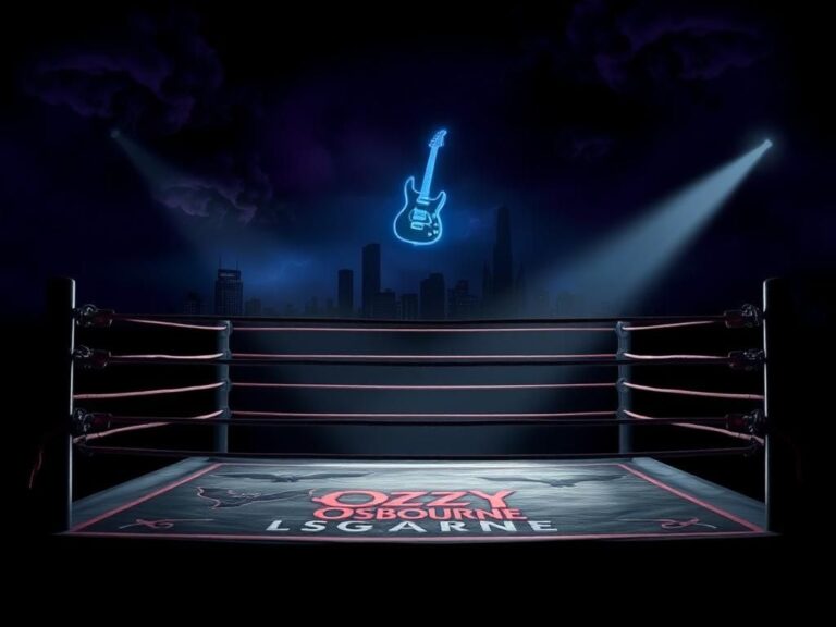 Flick International A dramatic wrestling ring under moody lighting with Birmingham skyline