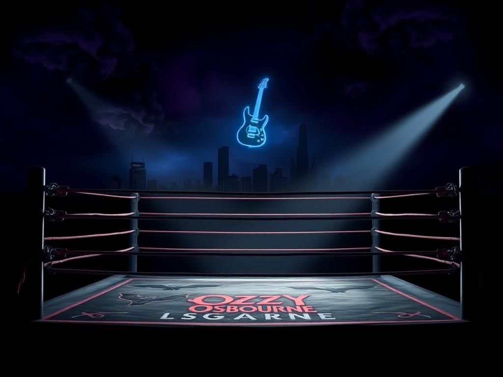 Flick International A dramatic wrestling ring under moody lighting with Birmingham skyline