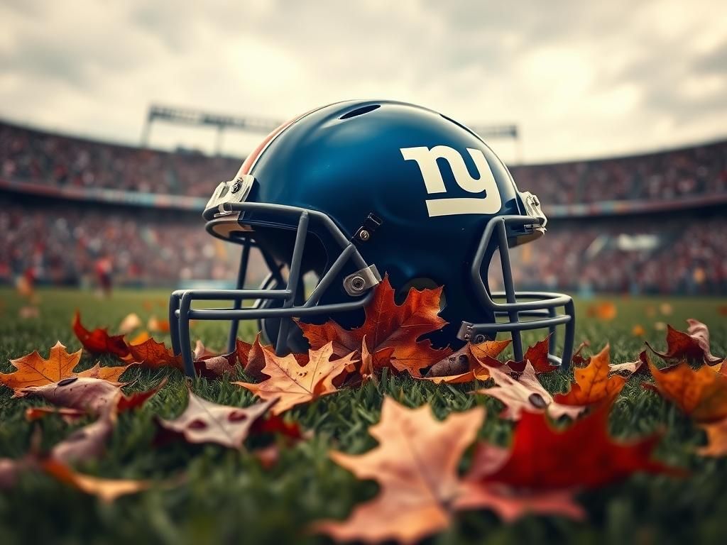 Flick International New York Giants football helmet surrounded by autumn leaves on a grassy field