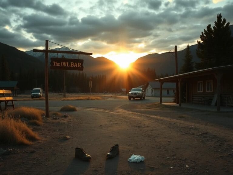 Flick International Outdoor scene of a quiet Montana landscape with a deserted bar entrance and abandoned items.