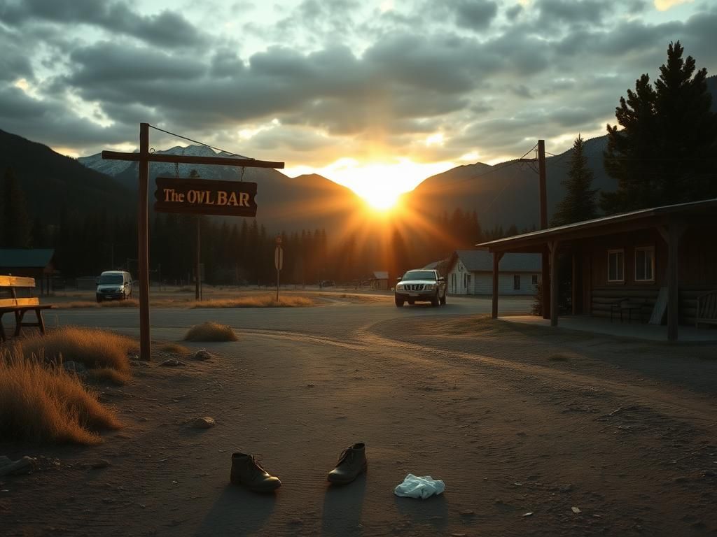 Flick International Outdoor scene of a quiet Montana landscape with a deserted bar entrance and abandoned items.