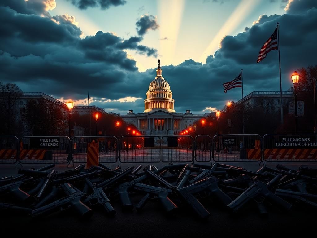 Flick International Urban landscape of Washington DC with police barricades and confiscated firearms
