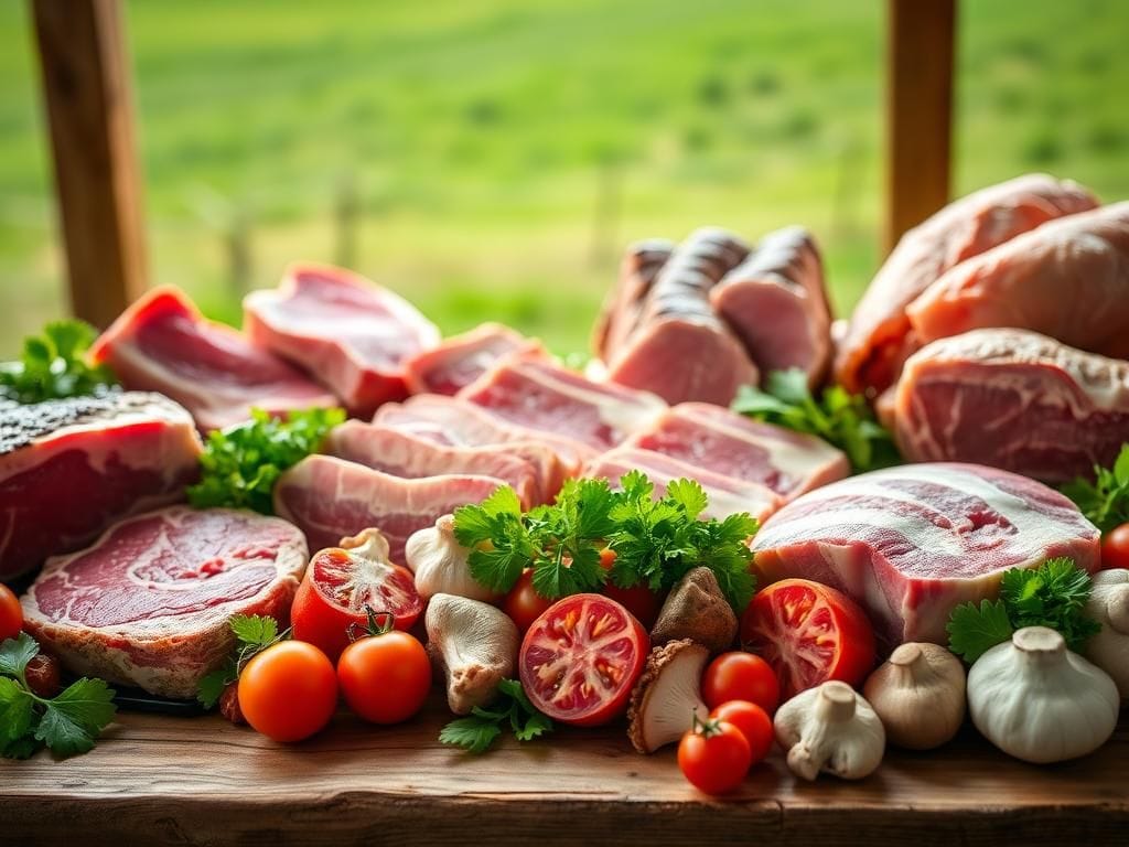 Flick International A beautifully arranged display of fresh cuts of meat and vibrant vegetables on a wooden table