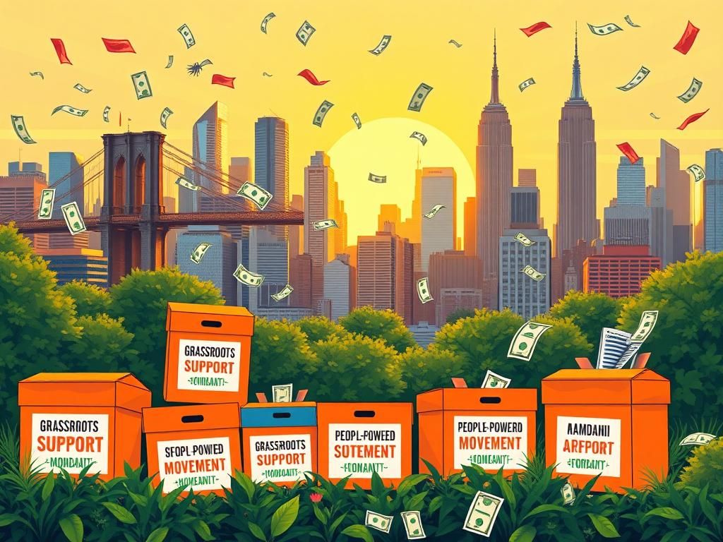 Flick International A vibrant cityscape of New York City showcasing donation boxes amidst greenery symbolizing community support for Zohran Mamdani's campaign.