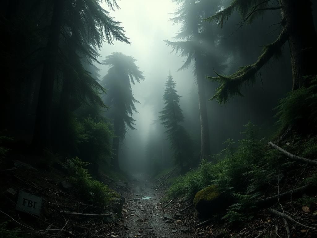 Flick International Dense, rugged forest scene in Washington state wilderness with mist and towering trees.