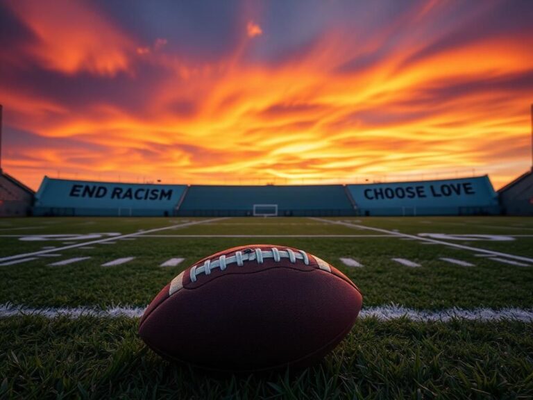 Flick International A football field at sunset with impactful slogans against a vibrant sky