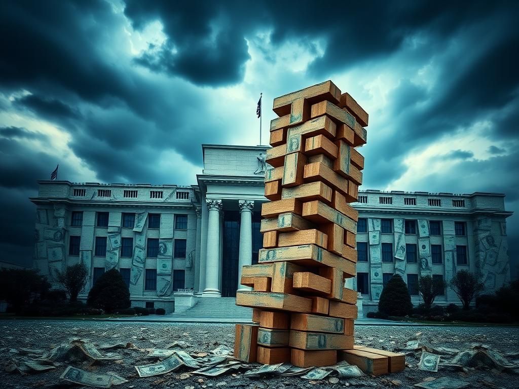 Flick International A crumbling financial fortress made of dollar bills under a stormy sky representing the precarious state of the American economy