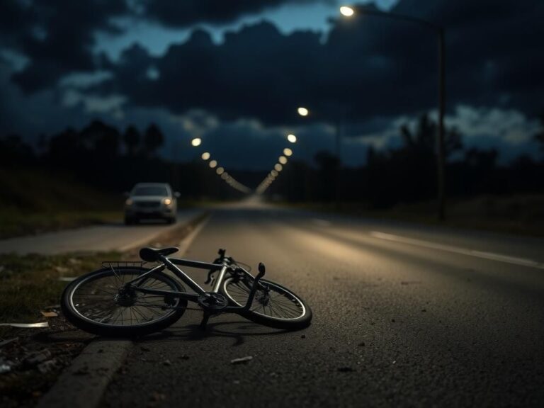 Flick International A crumpled bicycle and debris on a deserted road at dusk, symbolizing loss