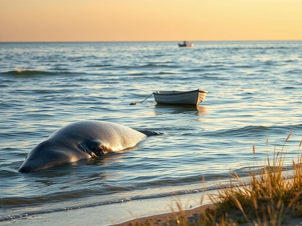 Flick International Lifeless 20-foot minke whale partially submerged in shallow water after a boat collision