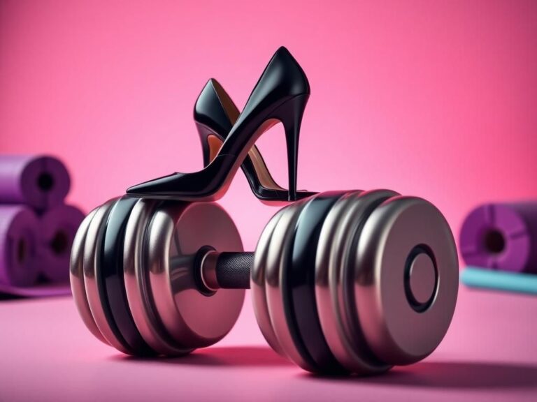 Flick International Elegant black high heels atop shiny dumbbells, symbolizing strength and transformation.