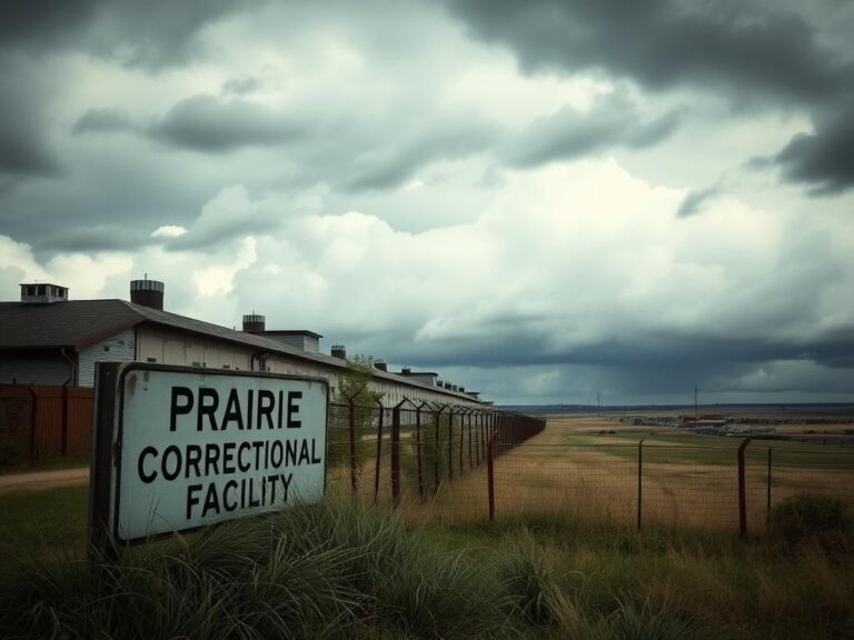 Flick International A somber view of the abandoned Prairie Correctional Facility symbolizing potential ICE detention repurposing.