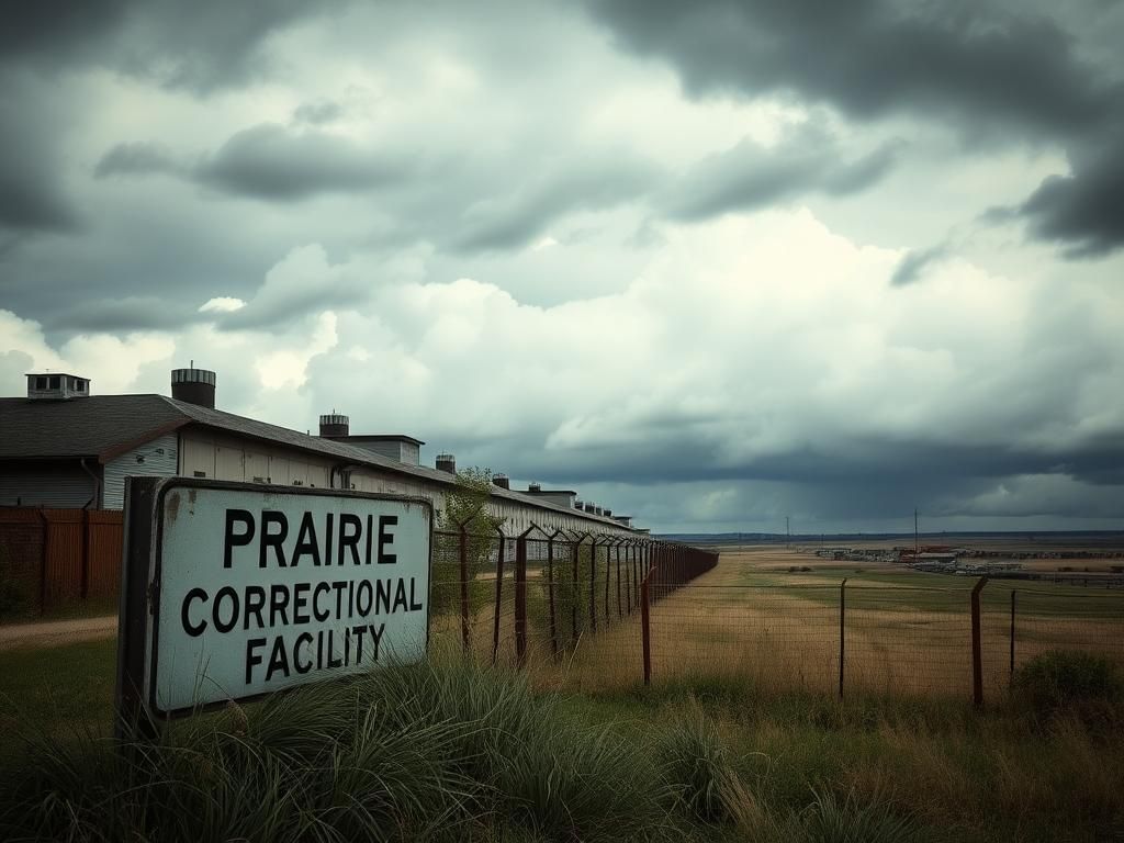 Flick International A somber view of the abandoned Prairie Correctional Facility symbolizing potential ICE detention repurposing.