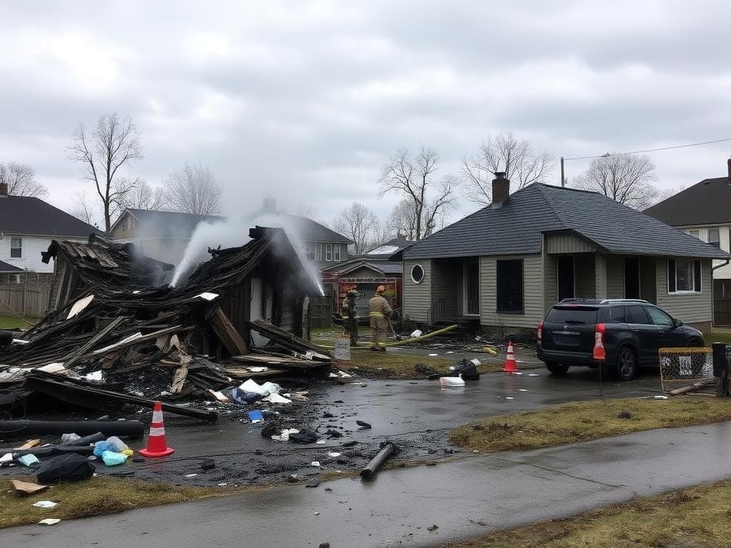 Flick International Aftermath of a devastating home explosion in St. Louis County with charred remains and debris