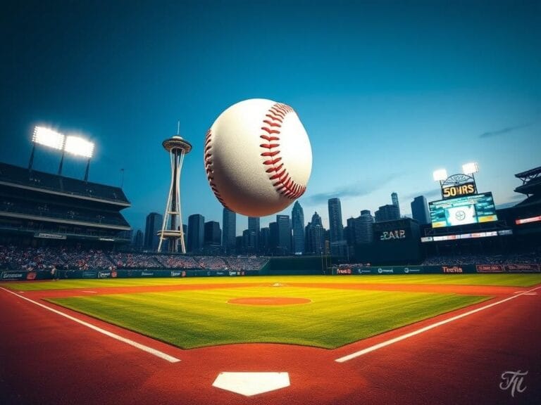 Flick International Cal Raleigh hitting a home run at T-Mobile Park, showcasing the vibrant baseball diamond under stadium lights