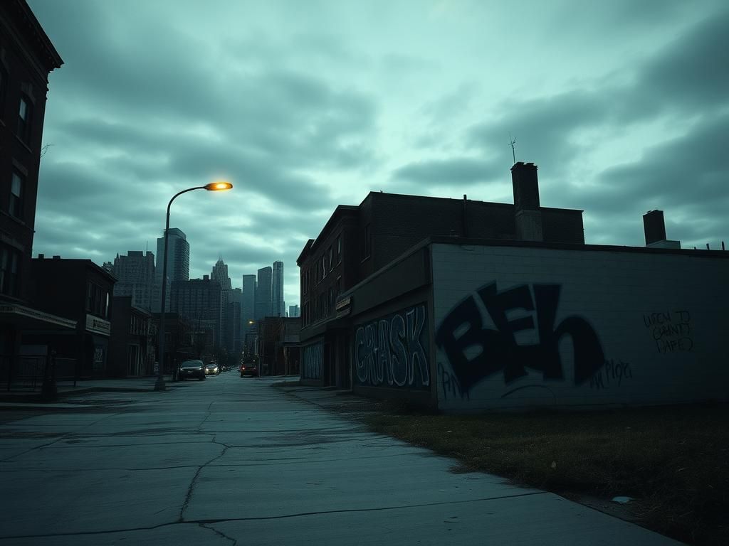 Flick International Dusk view of a deserted Chicago neighborhood showing neglect and signs of crime