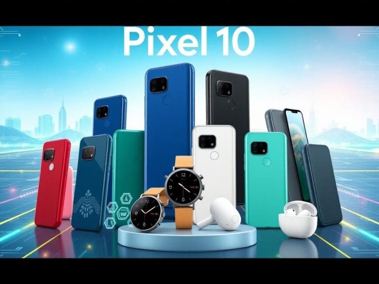 Flick International New Google Pixel 10 lineup with smartphones, Pixel Watch 4, and Pixel Buds 2a showcased in a tech-inspired setting