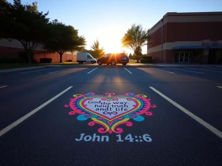 Flick International Colorful parking spot displaying Bible verses in serene high school setting at sunrise