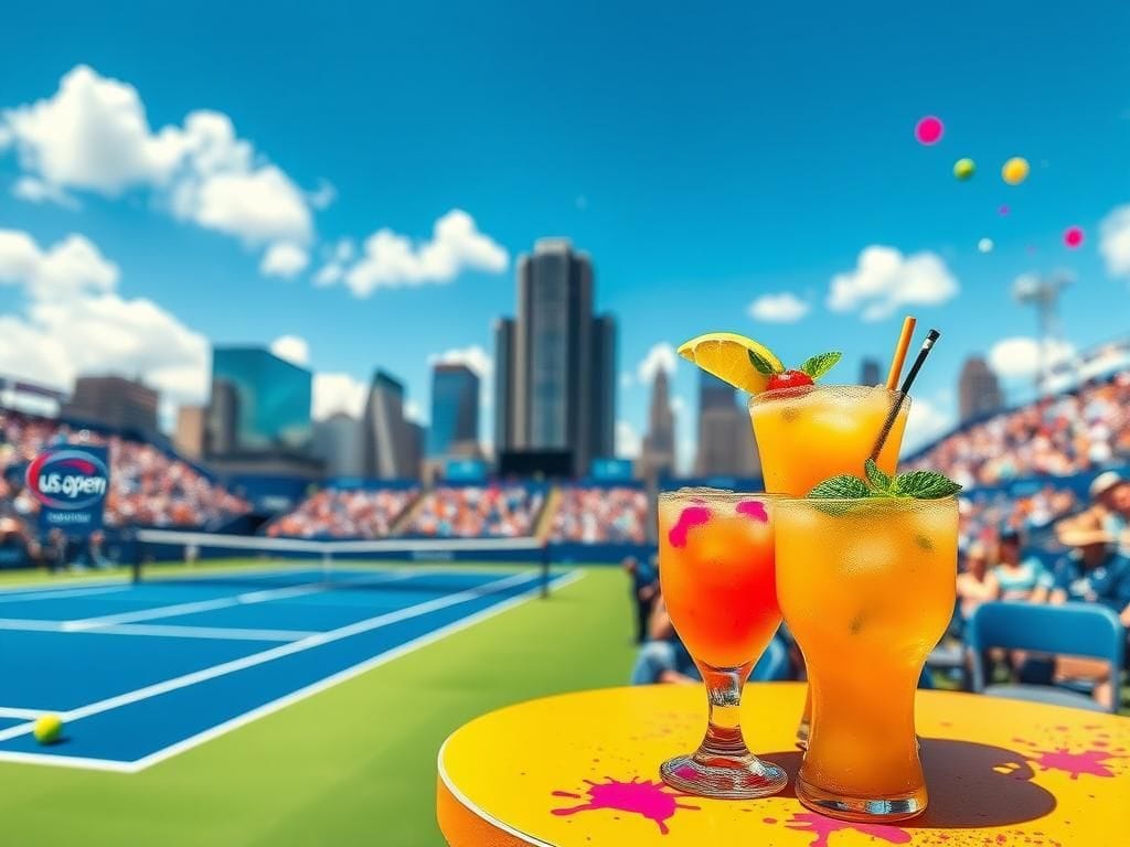 Flick International Vibrant scene of the U.S. Open tennis tournament featuring iconic blue court and honey deuce cocktails