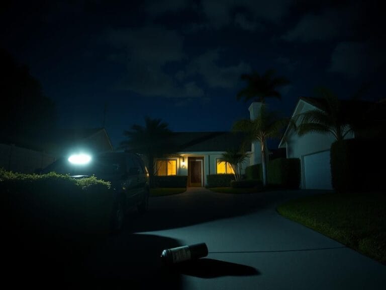 Flick International Dimly lit suburban driveway with parked vehicles and shadows