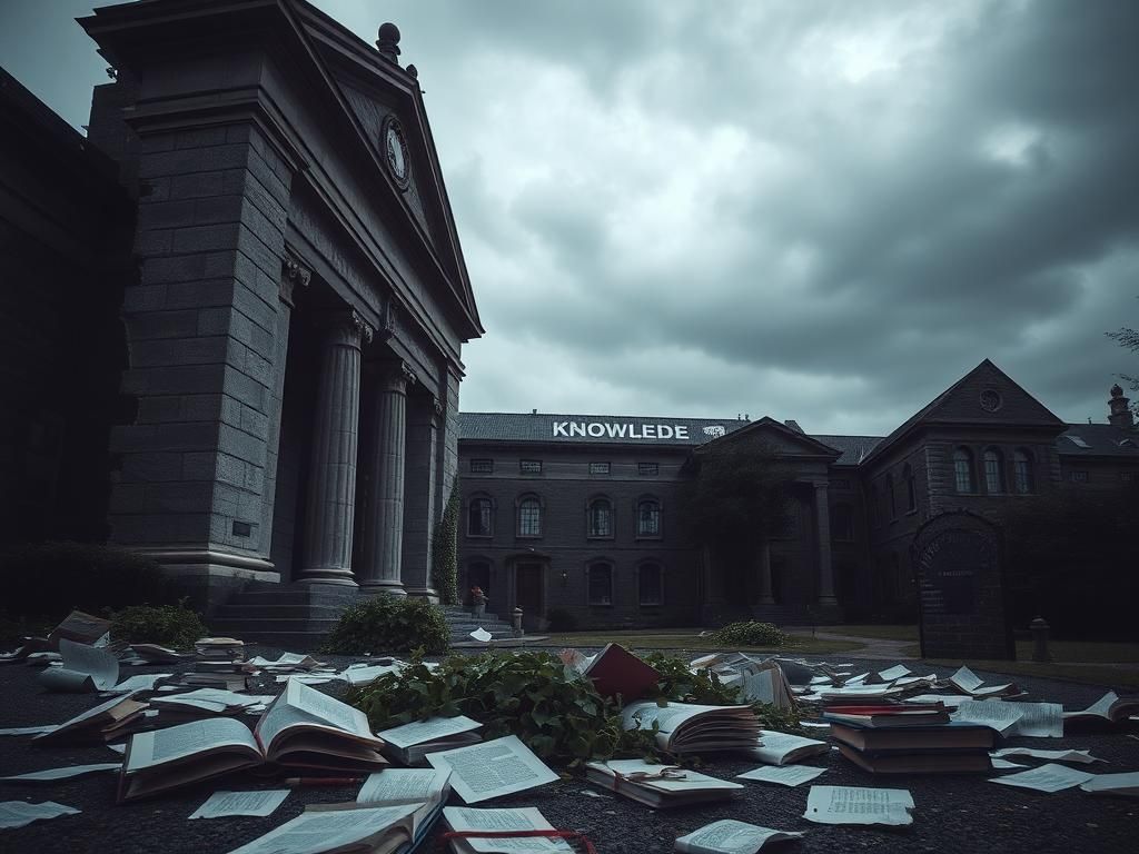 Flick International A dark and imposing university campus showcasing a broken facade and scattered educational materials.