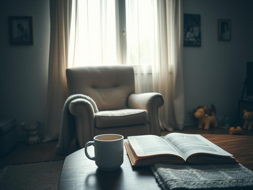 Flick International Cozy living room with an empty armchair and family photographs showcasing nostalgia and warmth