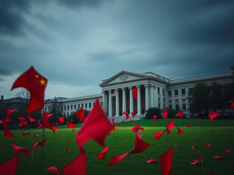 Flick International Empty campus green with red flags symbolizing caution and concern in front of a prestigious American university.