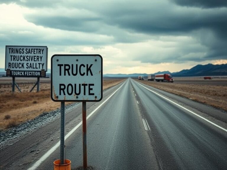 Flick International A deserted highway with large billboards promoting road safety and trucker English proficiency rules.