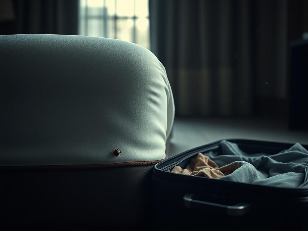 Flick International Close-up of a mattress corner revealing a cluster of brown bedbugs in a hotel room