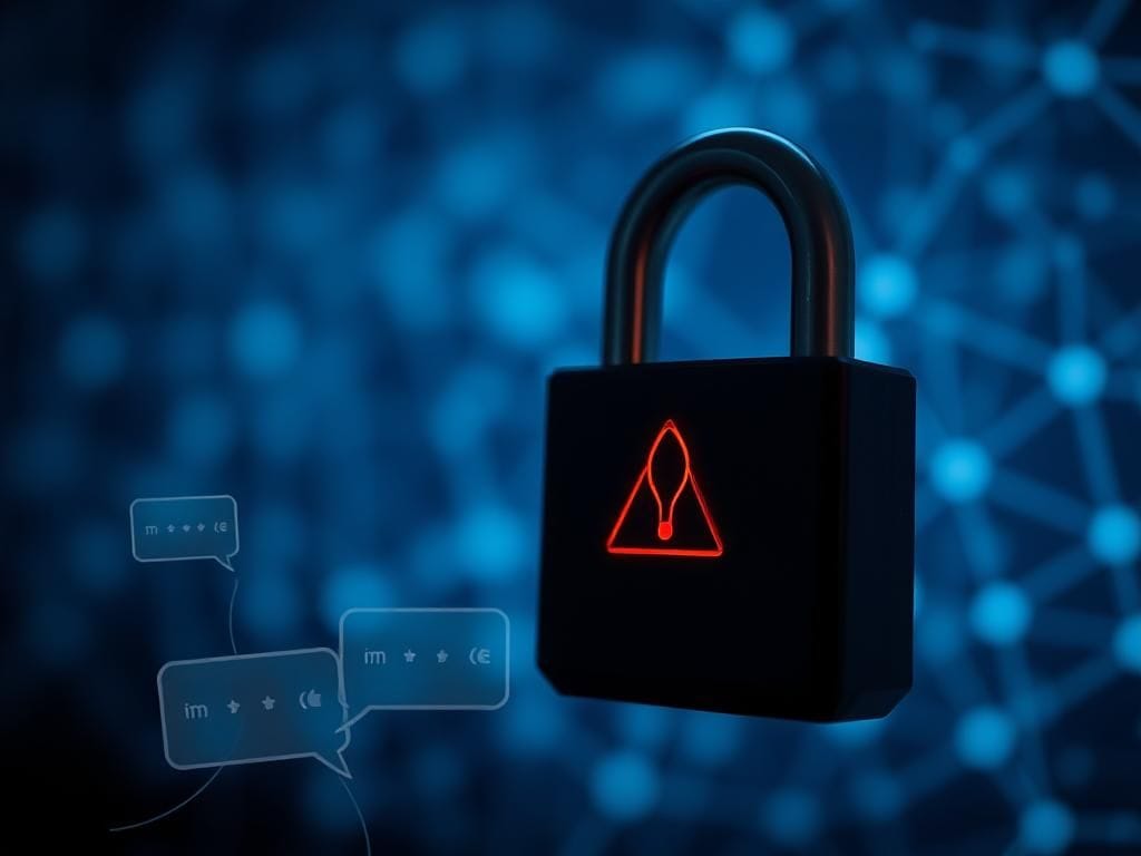 Flick International Close-up view of a digital lock with a red warning symbol on a blurred computer network background