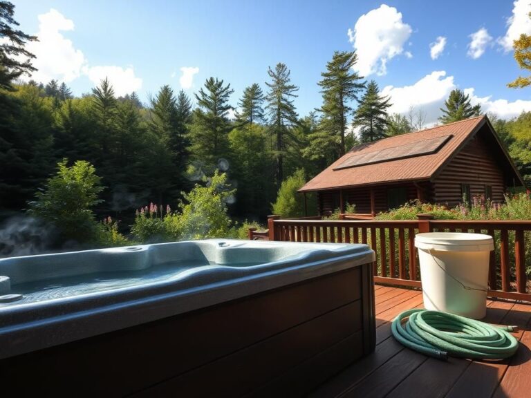 Flick International Empty hot tub on a wooden deck at a remote Kentucky cabin