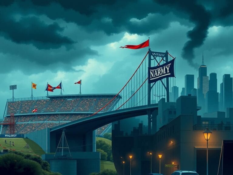 Flick International A divided landscape symbolizing political rivalry with a sports stadium in the background