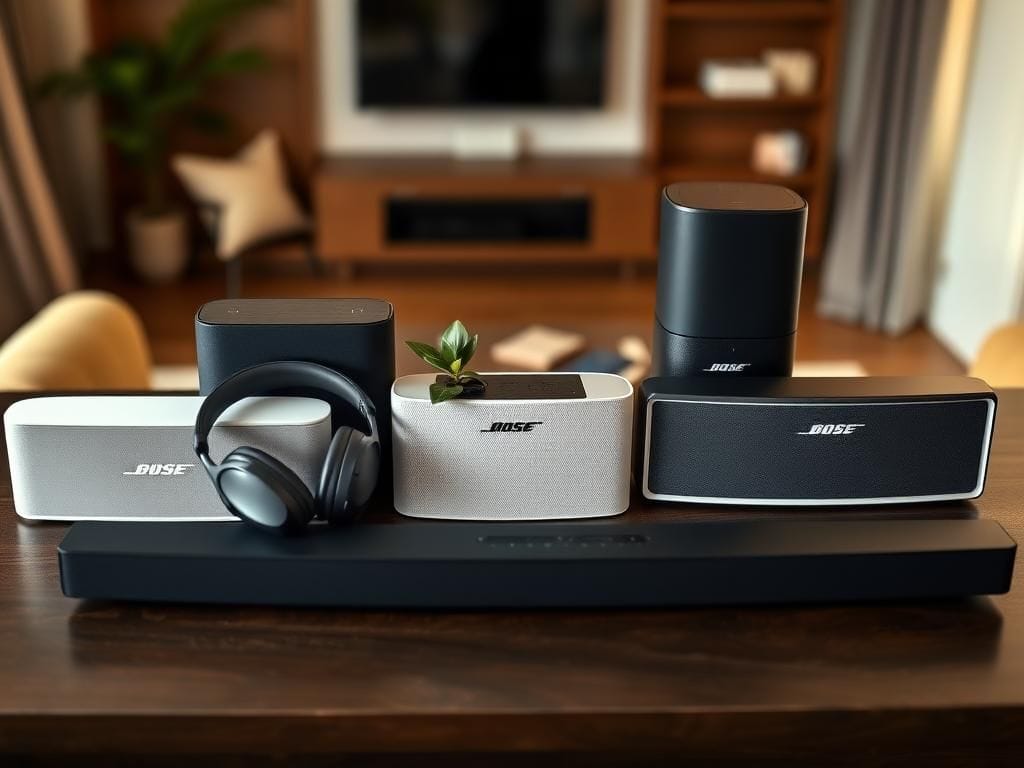 Flick International A modern flat lay featuring Bose headphones, Bluetooth speakers, and a soundbar on a dark wooden surface