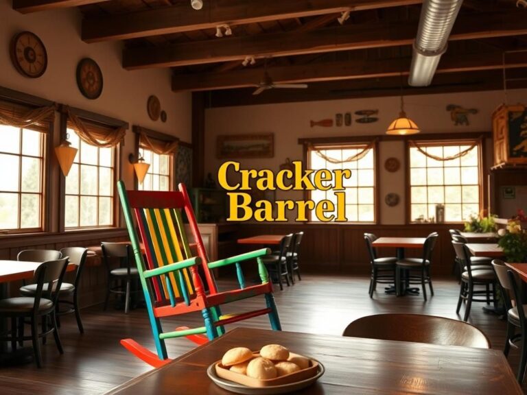Flick International Cozy interior of a Cracker Barrel restaurant featuring a rainbow rocking chair symbolizing diversity